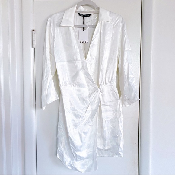 π ZARA WHITE SATIN ASYMMETRICAL COLLARED CAPRI SLEEVE WRAP AROUND MINI DRESS! - Picture 5 of 12